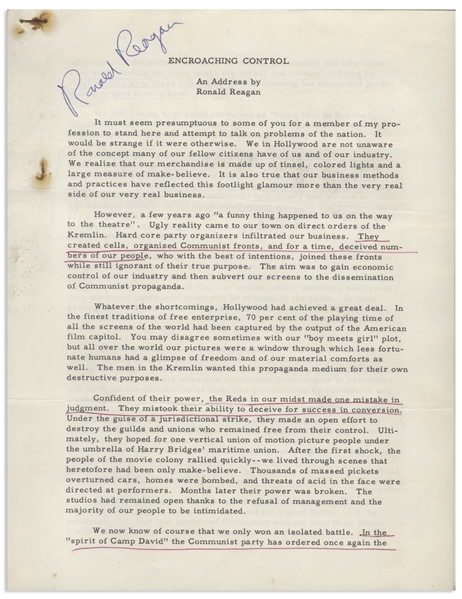 Ronald Reagan Signed Speech From 1961 Regarding the Threat of Communism & Hollywood Blacklisting -- With University Archives COA